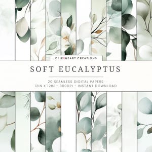 Pode incluir: Um conjunto de 20 papéis digitais sem costura com designs de eucalipto suave. Os papéis medem 30,48 cm x 30,48 cm e estão disponíveis para download instantâneo. Os designs apresentam folhas de eucalipto em aquarela em tons de verde e branco.
