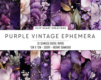 Purple Vintage Ephemera Floral Digital Papers, Seamless Commercial Use Instant Download Digital Paper, 20 Seamless Digital Papers
