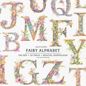 Clipart alphabet féerique, utilisation commerciale téléchargement immédiat alphabet numérique fantastique des cliparts, clipart alphabet lettre fées aquarelle