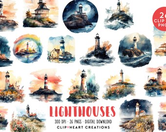 Lighthouse Scene Watercolor Clipart Set, Commercial Use Instant Download PNG Watercolour Digital Clip Art, Nautical Watercolour Pack
