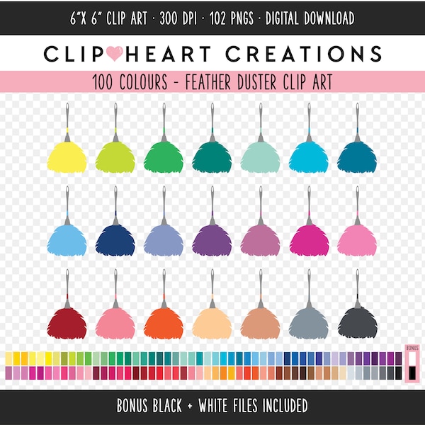 100 Feather Duster Clip Art, Commercial Use Instant Download PNG Duster Digital ClipArt, Rainbow Feather Duster Scrapbooking Planner Clipart