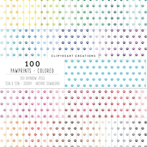 100 Paw Prints Digital Paper Pack, Commercial Use Seamless Colored Pet Paw Print Digital Papers, Dog Paw Prints Digital Paper