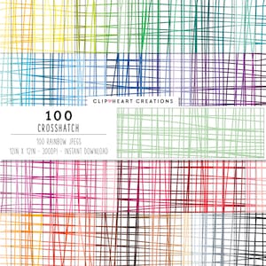 May include: 100 digital crosshatch patterns in a rainbow of colors. Each pattern is 12 inches by 12 inches and 300 DPI.  Clip Heart Creations.