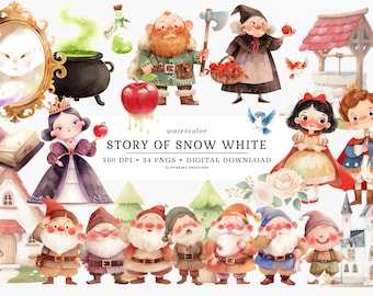 Watercolor Snow White Clipart Bundle - Fairytale Digital Download - 34 PNGs - Princess Graphics - High Resolution 300 DPI