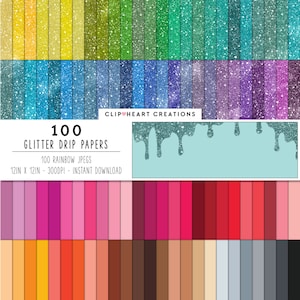 May include: 100 digital papers featuring a rainbow of glitter textures. Each paper is 30.5 cm by 30.5 cm and 300 DPI. The papers have a dripping glitter effect.