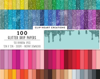 100 Glitter Drip Digital Papers, Commercial Use Instant Download Rainbow Paint Drip Digital Papers, Glitter Drip Digital Planner Papers