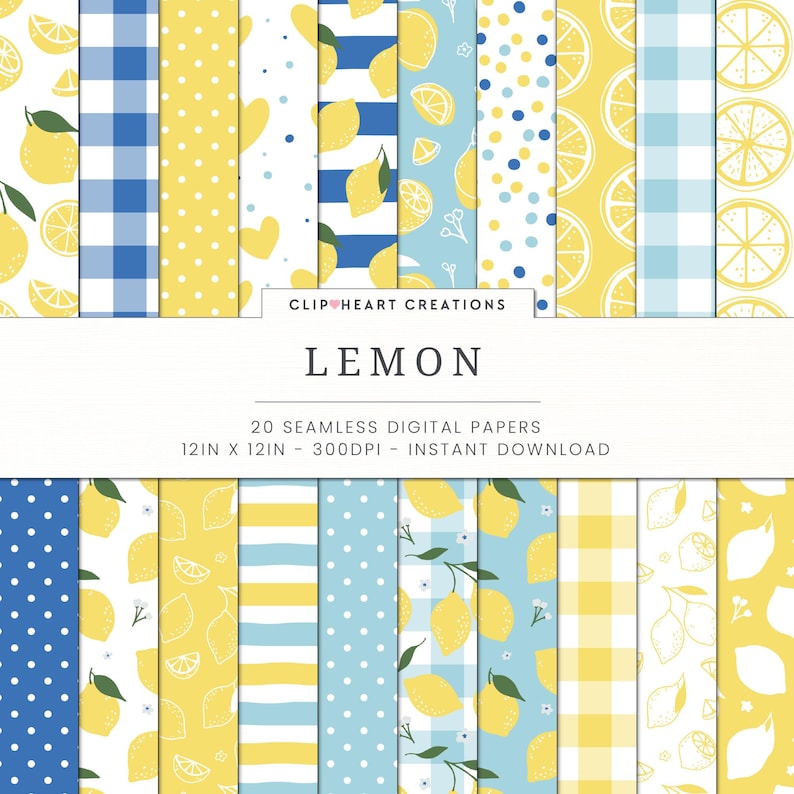 Lemon Digital Paper Patterns, 20 Seamless Commercial Use Instant ...