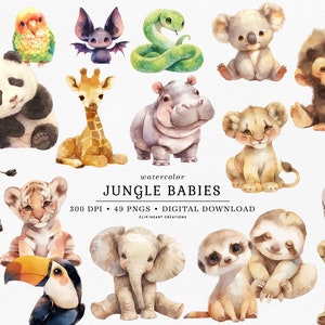 Watercolor Jungle Babies Clipart, Commercial Use Instant Download PNG Watercolor Jungle Animals, Safari Animals Digital Clipart
