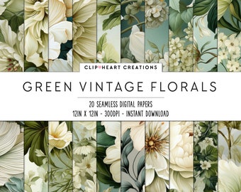 Green Vintage Ephemera Floral Digital Papers, Seamless Commercial Use Instant Download Digital Paper, 20 Seamless Digital Papers