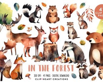 In the Forest Watercolor Clipart Set, Commercial Use Instant Download PNG Watercolour Digital Clip Art, Woodland Animals Watercolour Pack