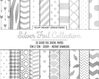 Silver Foil Pattern Papers Commercial Use Instant Download, Metallic Faux Silver Foil Patterns Paper Pack, Silver Foil Planner Paper