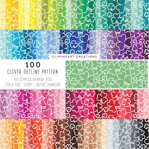 Może przedstawiać: Zestaw 100 cyfrowych wzorów papieru z białym konturem czterolistnej koniczyny na tęczowym tle. Tekst "100 CLOVER OUTLINE PATTERN" znajduje się u góry obrazu. Tekst "100 SEAMLESS RAINBOW JPEGS" znajduje się pod tytułem. Tekst "12IN X 12IN - 300DPI - INSTANT DOWNLOAD" znajduje się pod poprzednim tekstem.