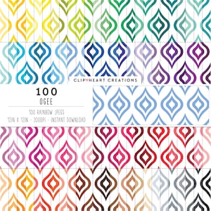May include: 100 digital paper patterns featuring a geometric ogee design in a rainbow of colors. Each pattern is 12 inches by 12 inches and 300 DPI.