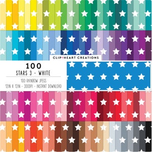 100 Star Pattern Digital Papers, Commercieel Gebruik Naadloze Witte Sterren Digitale Papier Pack, Rainbow Star Patroon Scrapbooking Planner Papers
