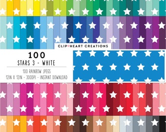 100 Star Pattern Digital Papers, Commercial Use Seamless White Stars Digital Paper Pack, Rainbow Star Pattern Scrapbooking Planner Papers