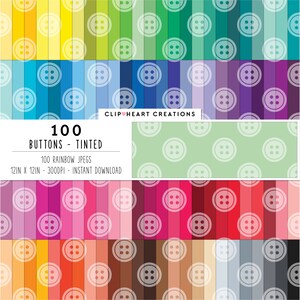 Puede incluir: Un paquete de papel digital con fondos coloridos y un patrón de botones repetido. La imagen incluye el texto "100 BUTTONS - TINTED" y "12in x 12in - 300DPI - INSTANT DOWNLOAD". Las dimensiones son 30,48 cm x 30,48 cm.