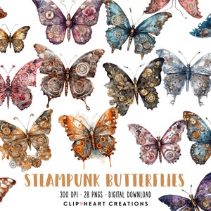 May include: 28 digital clip art images of steampunk butterflies with intricate gears and watercolor details. The butterflies are in various colors, including blue, green, purple, orange, and red.