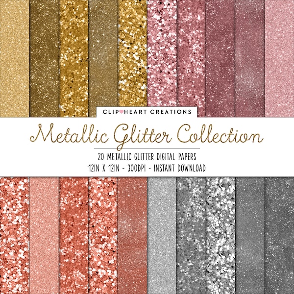 20 Metallic Glitter Digital Papers, Commercial Use Instant Download Gold Silver Rose Gold Copper Glitter Digital Paper Pack