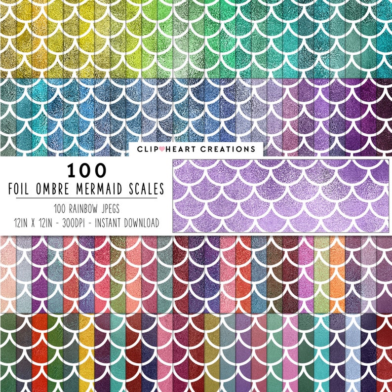 Paper Scale Fush 100 Foil Ombre Mermaid Scales Digital Papers, Commercial Use Instant ...