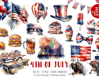 4th of July Watercolor Clipart Set, Commercial Use Instant Download PNG Watercolour Digital Clip Art, Independence Day Watercolour Pack