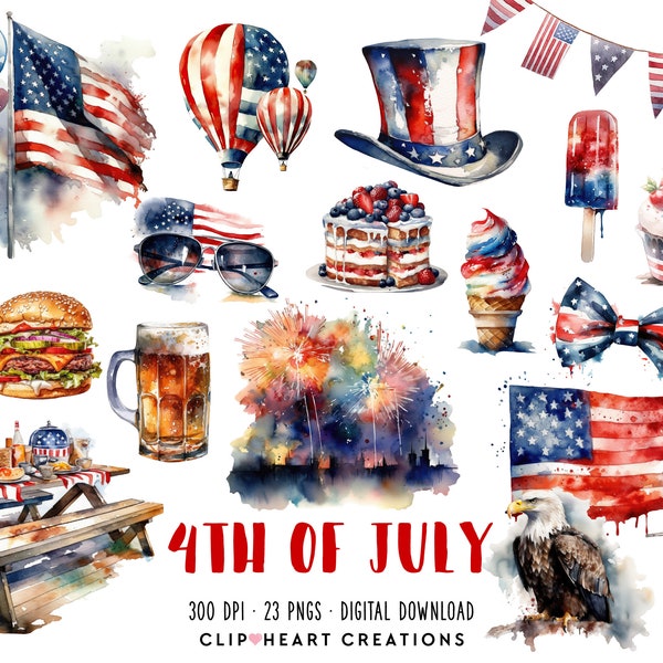 4th of July Watercolor Clipart Set, Commercial Use Instant Download PNG Watercolour Digital Clip Art, Independence Day Watercolour Pack