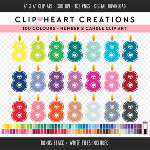 100 Number Eight Birthday Candle Clipart, Commercial Use Instant Download PNG Numbered Birthday Candle Digital Clipart, 8th Birthday Clipart