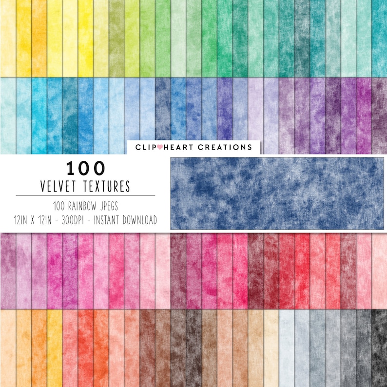 May include: A collection of 100 digital paper textures in a rainbow of colors. Each texture is 12 inches by 12 inches and 300 DPI. The textures are designed to look like velvet.