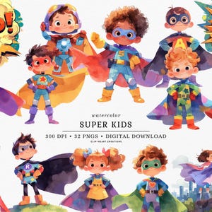 Super Kids Superhelden Aquarell Clipart-Set, kommerzielle Nutzung Instant Download PNG Aquarell digitale ClipArt, Aquarell Helden Kinder