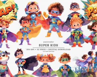 Super Kids Super Heroes Watercolor Clipart Set, Commercial Use Instant Download PNG Watercolour Digital Clip Art, Watercolor Hero kids
