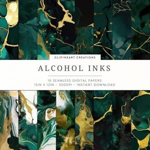 Groene en gouden alcoholinkt naadloze digitale papieren, naadloos commercieel gebruik Instant Download abstracte verf digitale scrapbookingpapieren