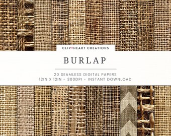 May include: A collection of 20 seamless digital burlap papers, each 12 x 12 inches, in various textures and weaves. The papers are in shades of brown and beige, with a variety of patterns. The image includes the text "BURLAP".