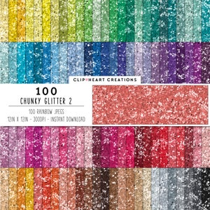 Puede incluir: Una descarga digital de 100 texturas de purpurina gruesa en varios colores arcoíris. Cada textura mide 30,48 cm por 30,48 cm y 300 DPI.