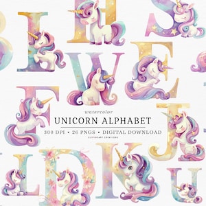 Clipart alphabet licorne, utilisation commerciale téléchargement immédiat alphabet numérique fantastique des cliparts, clipart alphabet lettre licornes aquarelle