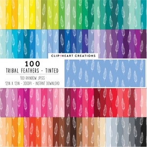 100 Tribal Feathers Digital Paper Pack, commercieel gebruik Instant Download naadloze getinte Tribal Feather patroon digitale papieren
