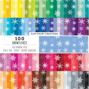 May include: 100 digital paper designs featuring white snowflakes on a rainbow of colored backgrounds. Each design is 12 inches by 12 inches and 300 DPI.  Clip Heart Creations.