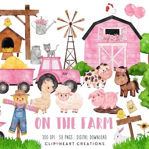 Sur la ferme rose aquarelle Clip Art, usage Commercial Téléchargement instantané Clipart numérique aquarelle, aquarelle rose basse-cour Clip Art Pack
