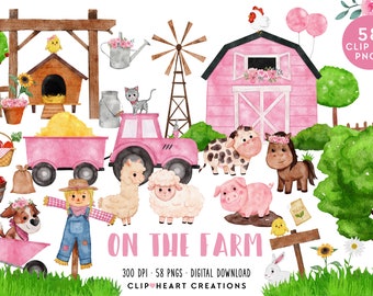 On the Farm Pink Watercolor Clip Art, Commercial Use Instant Download Watercolour Digital Clipart, Watercolor Pink Barnyard Clip Art Pack