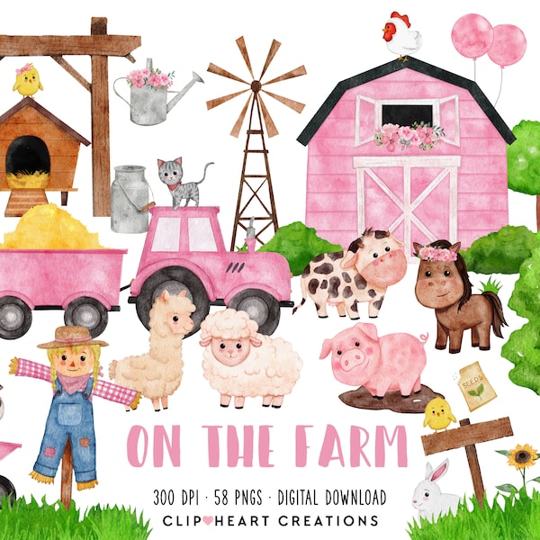 On the Farm Pink Watercolor Clip Art, Commercial Use Instant Download Watercolour Digital Clipart, Watercolor Pink Barnyard Clip Art Pack