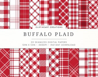 Red Buffalo Plaid Digital Paper Set, Seamless Lumberjack Plaid Papers, Personal & Commercial Use Buffalo Check Papers, Tartan, Checkered