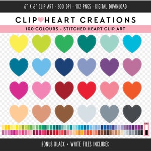 100 Stitched Heart Clip Art, Commercial Use Instant Download PNG Hearts Digital Clip Art, Rainbow Heart Shape Scrapbooking Planner Clipart