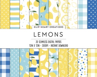 Lemon Digital Paper Patterns, 20 Seamless Commercial Use Instant Download Lemons Themed Digital Paper, Lemon Digital Papers