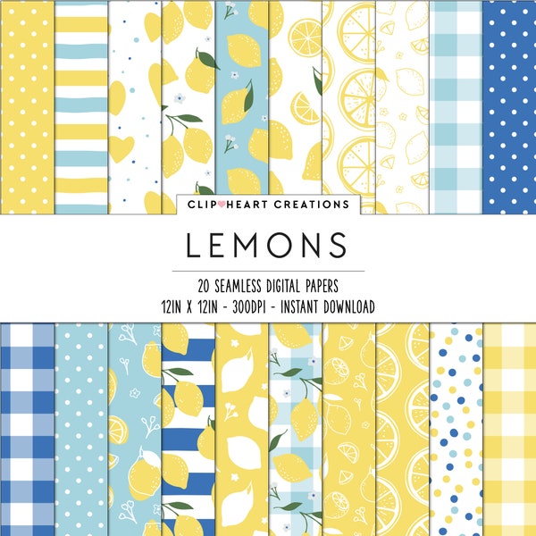 Lemon Digital Paper Patterns, 20 Seamless Commercial Use Instant Download Lemons Themed Digital Paper, Lemon Digital Papers