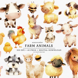 Zwierzęta gospodarskie Akwarele Clip Art, Komercyjne użycie Natychmiastowe pobieranie Akwarele Cyfrowe Clipart, Akwarela Zwierzęta Stodoła Clip Art Pack