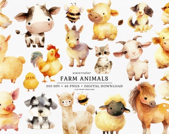 Farm Animals Watercolor Clip Art, Commercial Use Instant Download Watercolour Digital Clipart, Watercolor Animal Barnyard Clip Art Pack