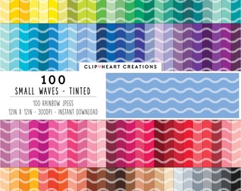 100 Waves Pattern Digital Papers, Commercial Use Seamless Tinted Wave Pattern Digital Paper Pack, Rainbow Waves Planner Scrapbooking Papers