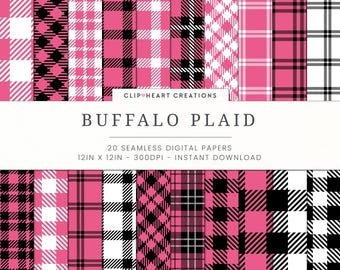 Pink Buffalo Plaid Digital Paper Set, Seamless Lumberjack Plaid Papers, Personal & Commercial Use Buffalo Check Papers, Tartan, Checkered