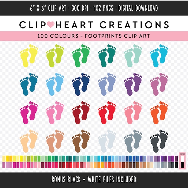 100 Footprints Clip Art, Commercial Use Instant Download PNG Footprint Digital Clip Art, Rainbow Footprints Planner Digital Clipart
