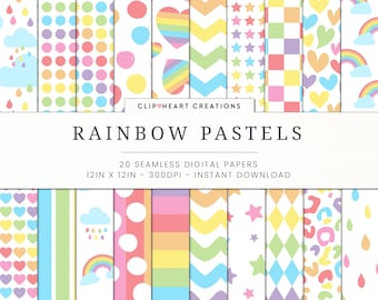 Rainbows Digital Paper Patterns, 20 Seamless Commercial Use Instant Download Pastel Rainbow Themed Digital Paper, Rainbow Pastels Patterns