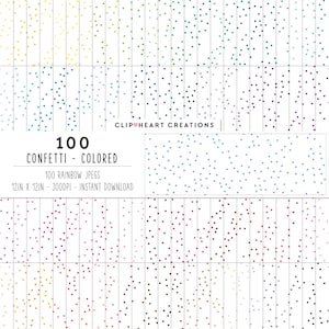 Può includere: 100 motivi digitali di carta con coriandoli di vari colori. Ogni motivo misura 12 pollici per 12 pollici e 300 DPI. I motivi sono disposti in una griglia con un titolo che recita "100 Confetti - Colored" e "100 Rainbow JPEGS".