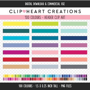 Puede incluir: Una descarga digital de 100 archivos PNG de arte de clip de encabezado en color. La imagen muestra una muestra de los colores, incluidos el amarillo, el verde, el azul, el morado, el rosa, el rojo, el marrón y el gris. Cada color se muestra como un rectángulo horizontal. El texto "100 COLOURS - HEADER CLIP ART" está en la parte superior de la imagen. El texto "100 COLOURS - 1.5 X 0.25 INCH TALL - PNG FILES" está en la parte inferior de la imagen.